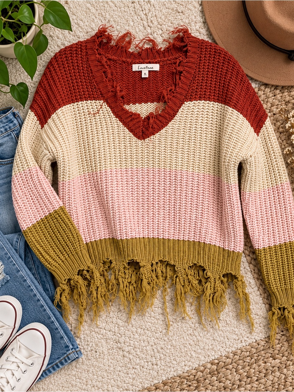 Love Tree Distressed Colorblock Chunky Knit Sweater Size Small